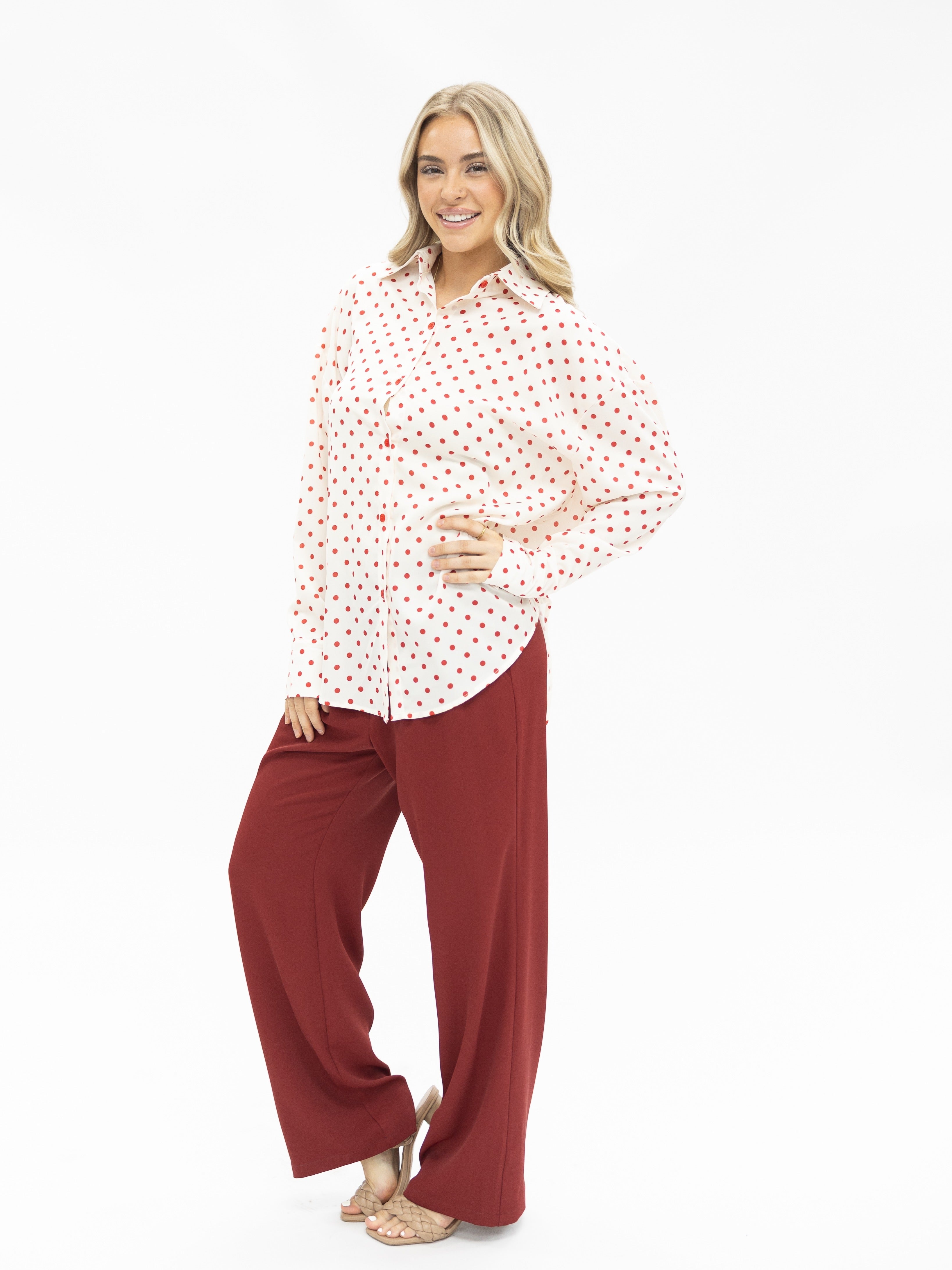Kathryn Classic Button-Up, Red Polka-Dot