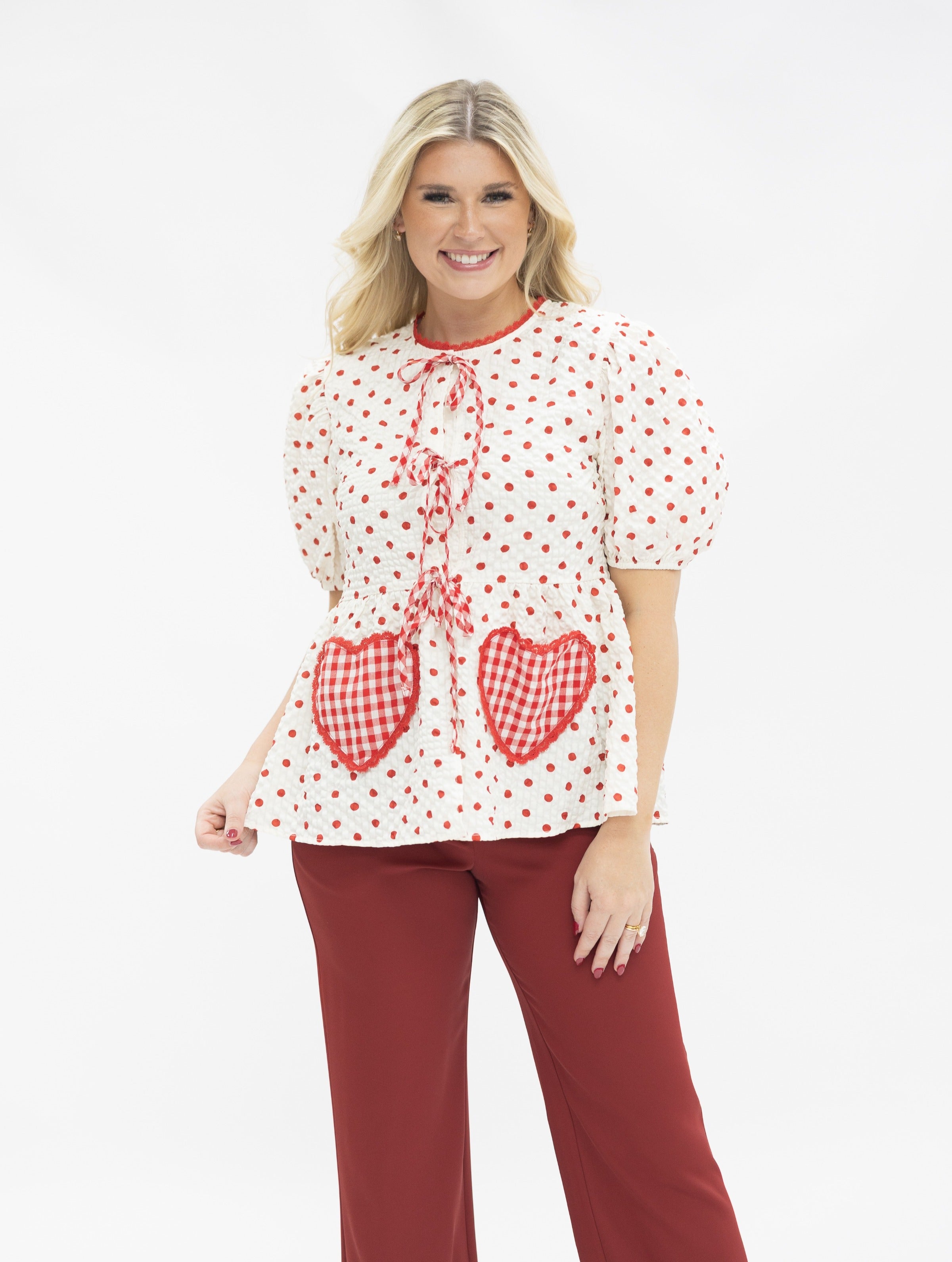 Polka-Dot Blouse with Bows, Red