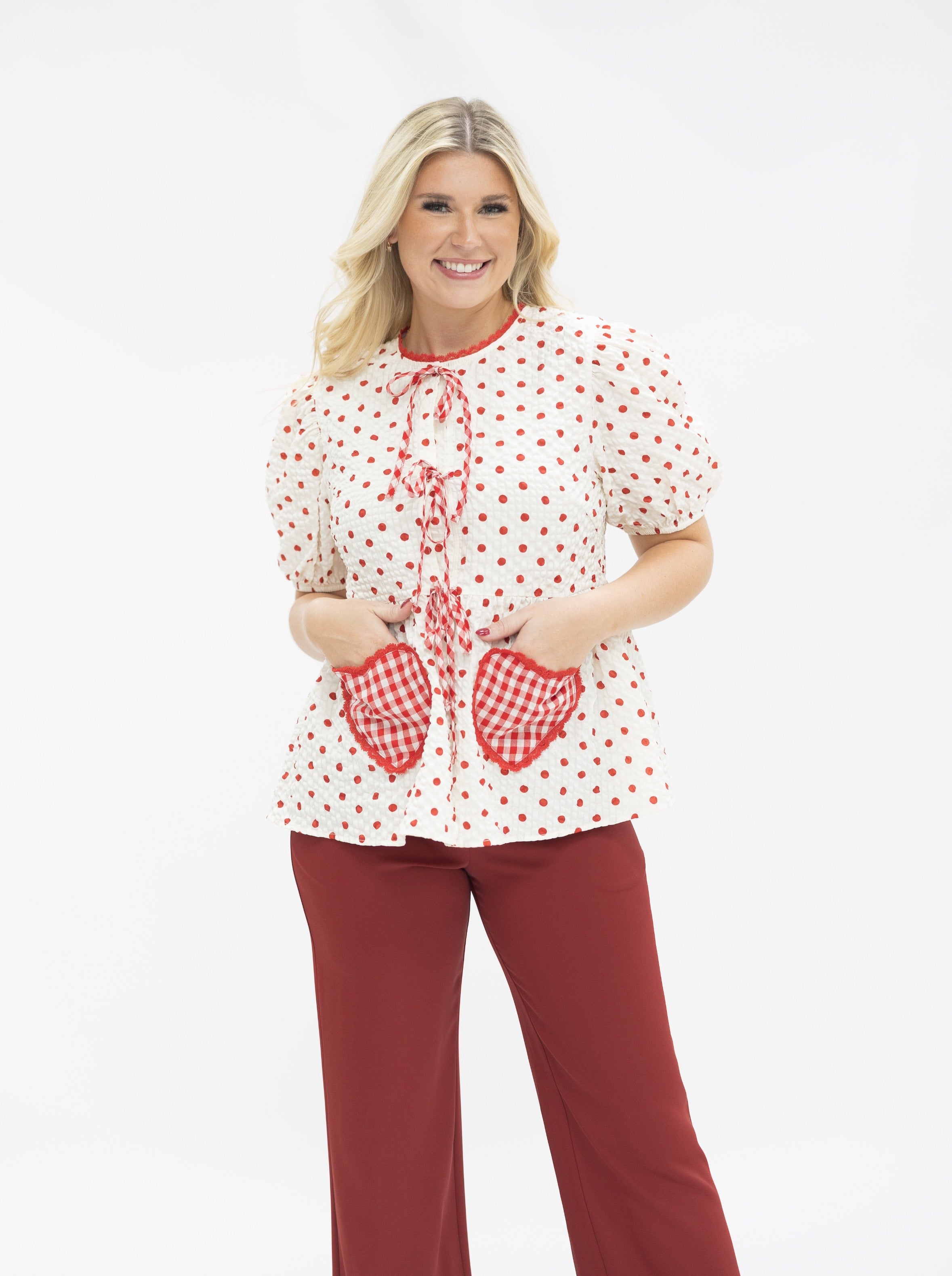 Polka-Dot Blouse with Bows, Red