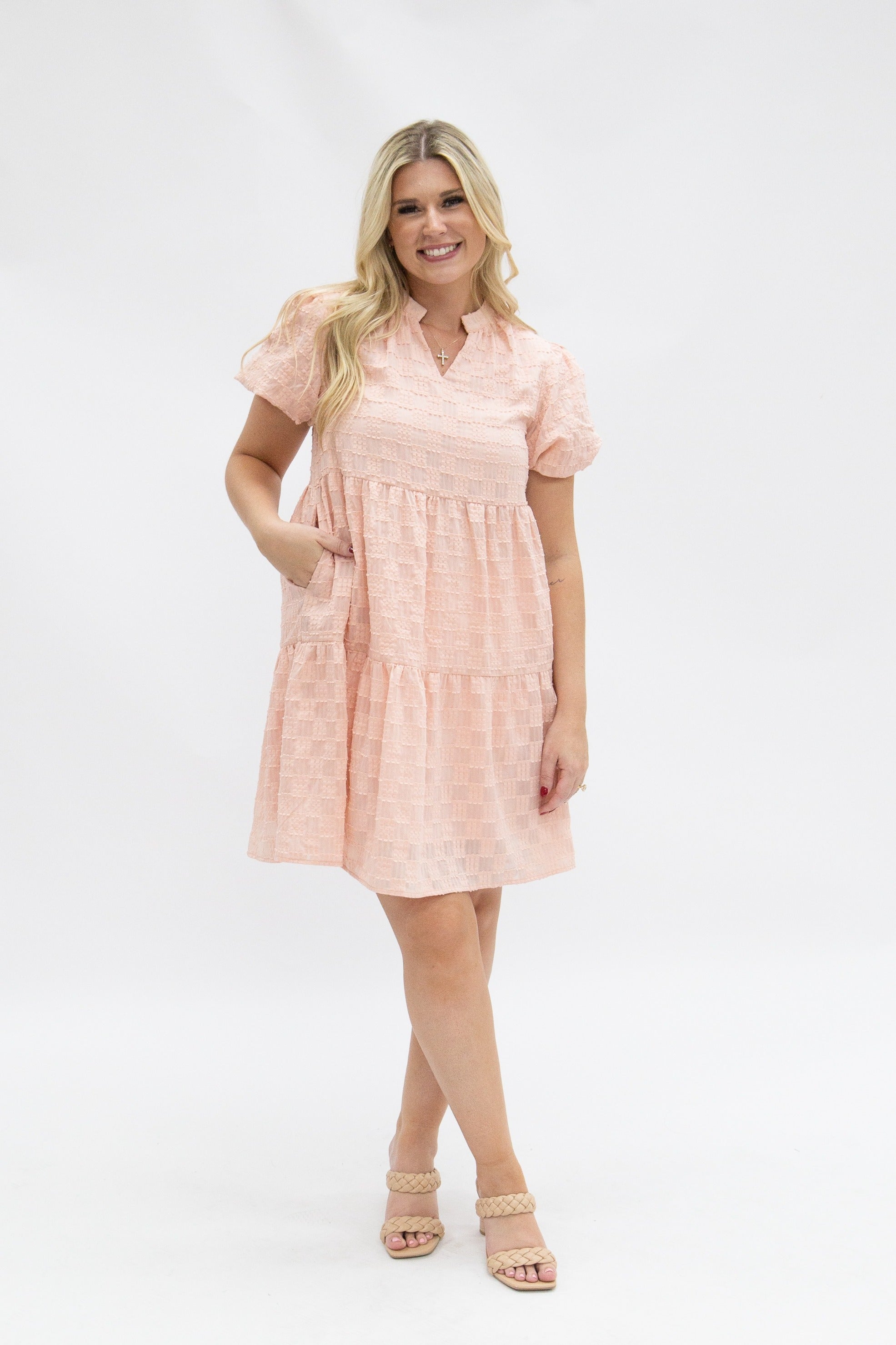 V-Neck Checkered Dress, Pink