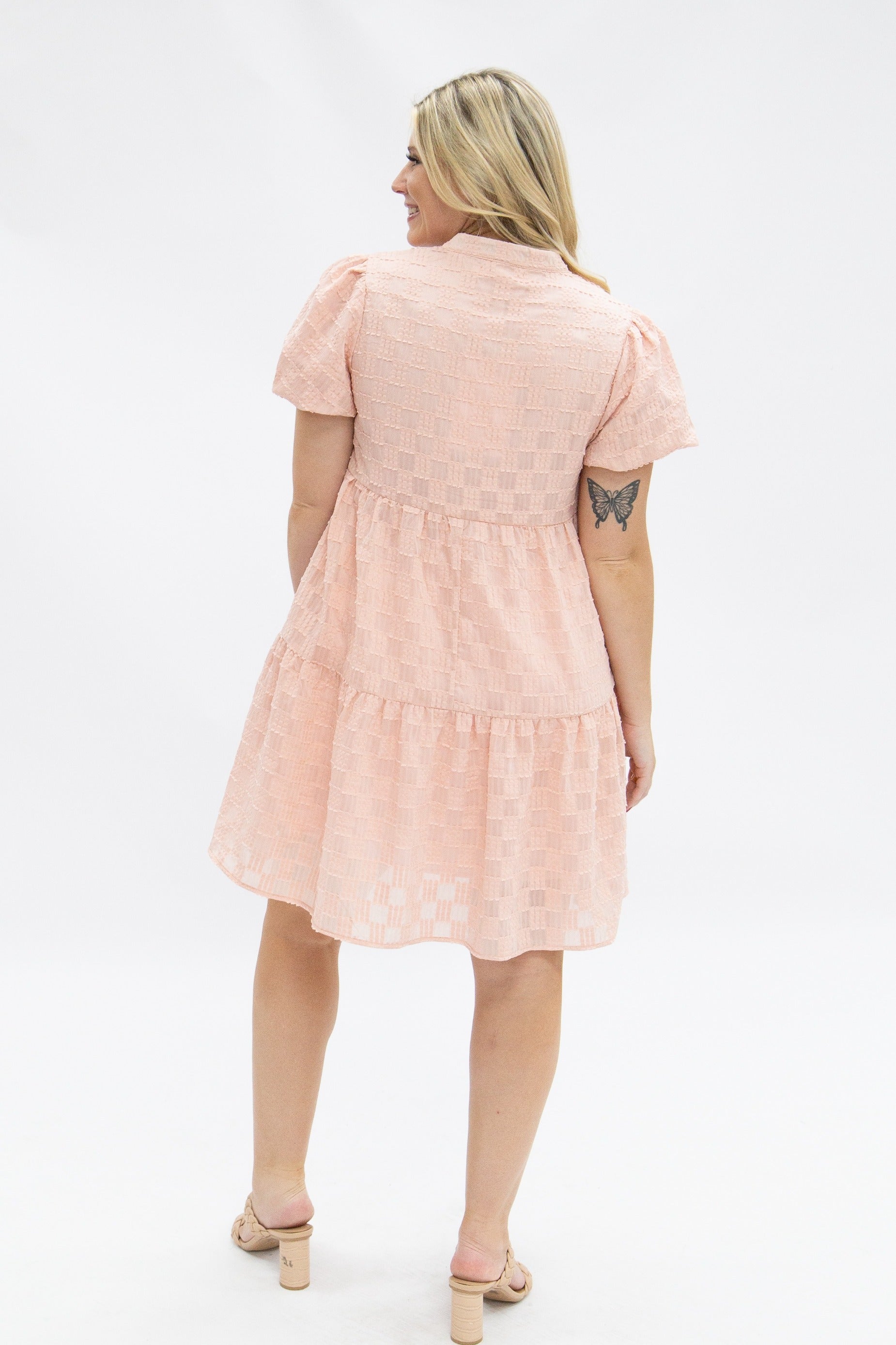 V-Neck Checkered Dress, Pink