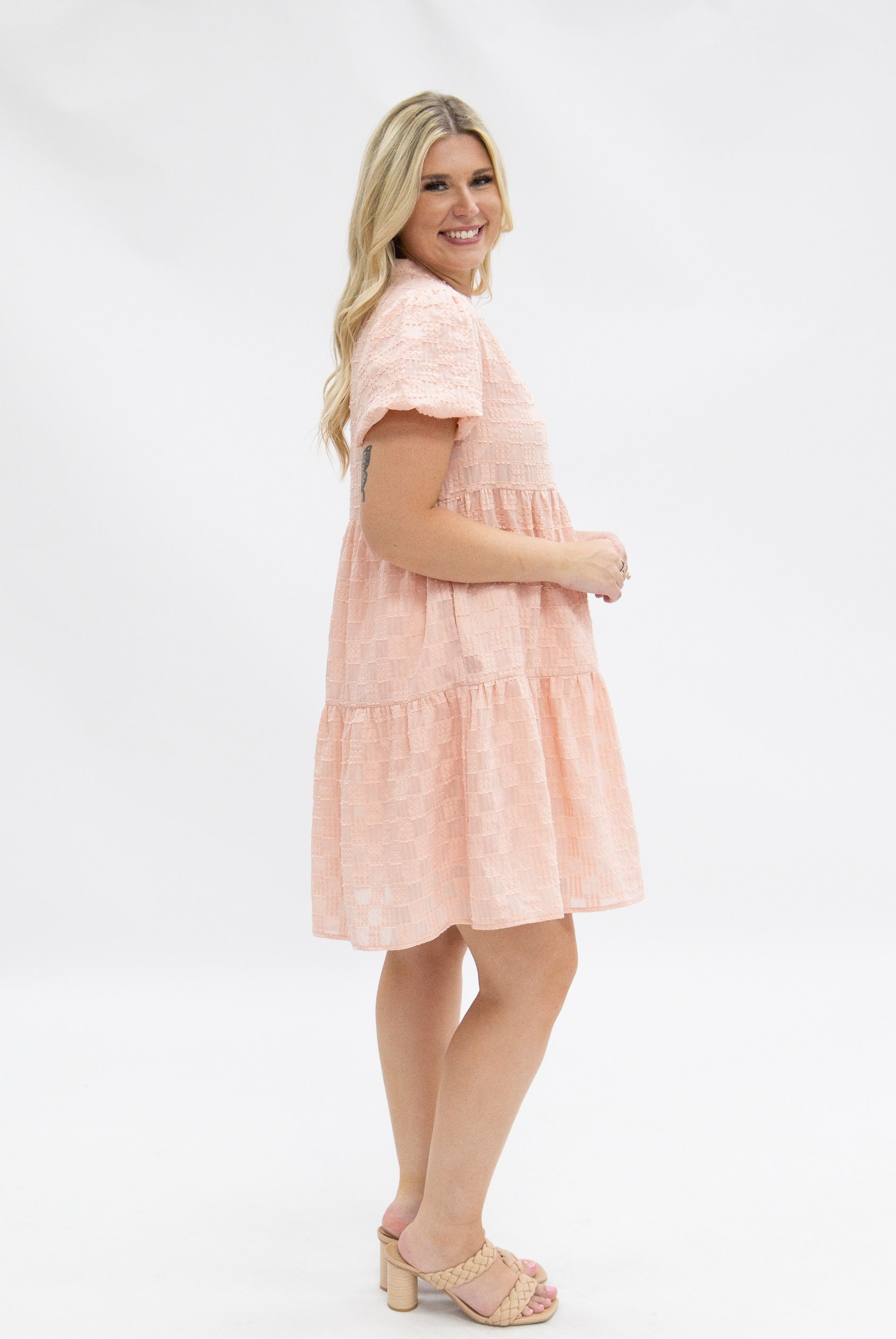 V-Neck Checkered Dress, Pink