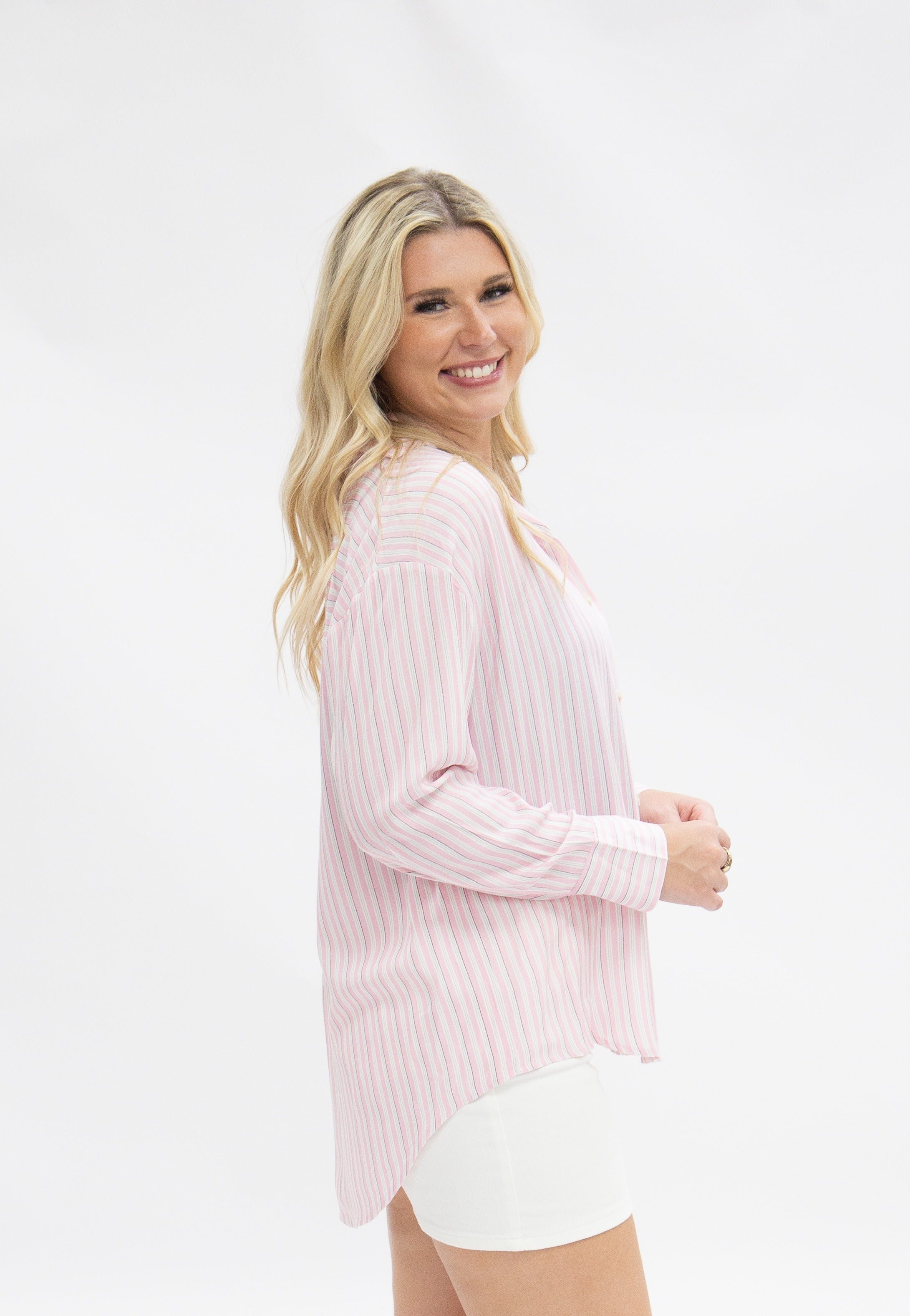 The Kathryn Button-Up, Striped Pink