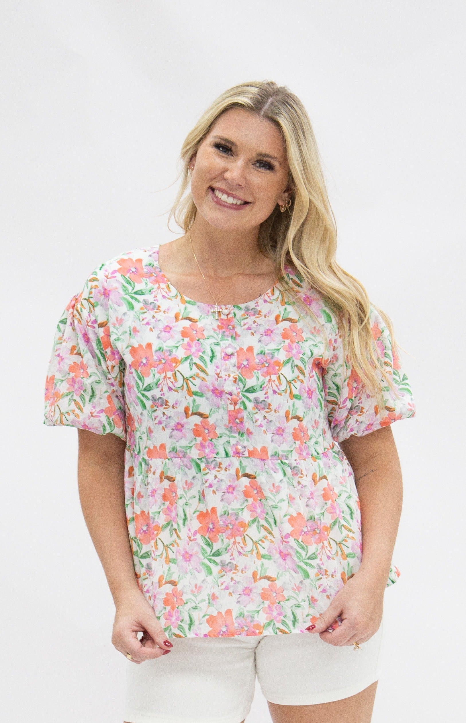 Puff Sleeve Blouse, Watercolor Flowers