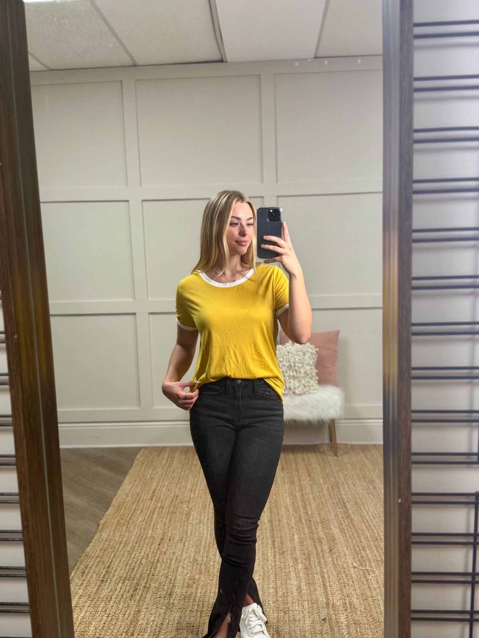 Trim It Down Short Sleeves Ringer T-Shirt, White And Mustard