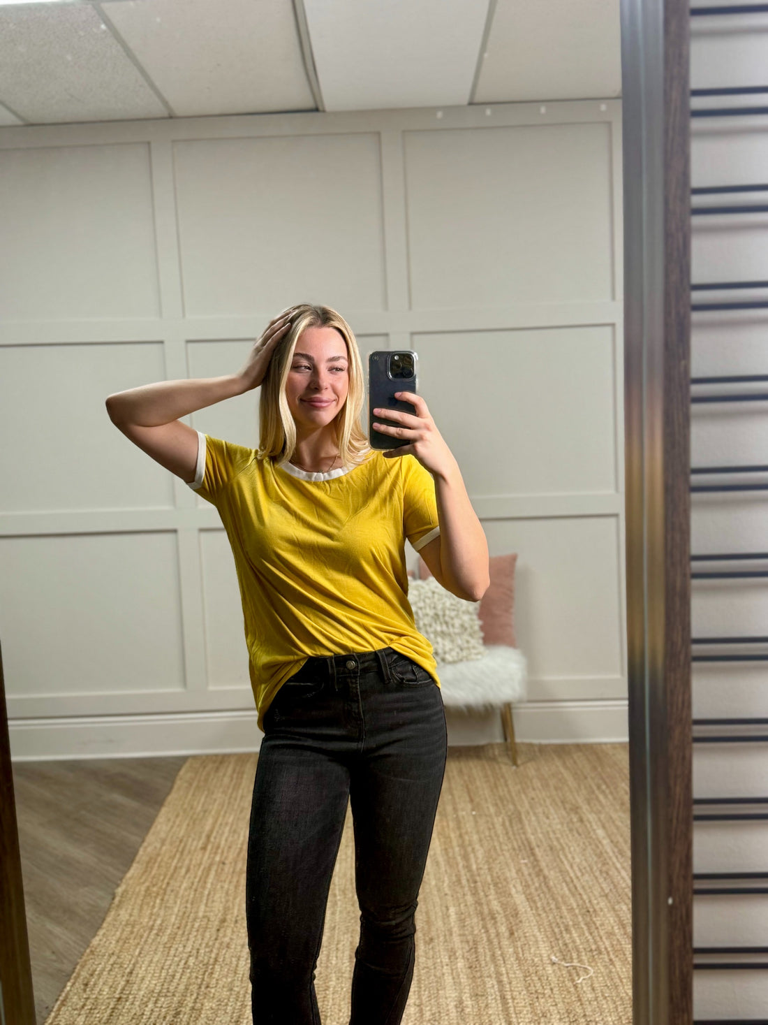 Trim It Down Short Sleeves Ringer T-Shirt, White And Mustard