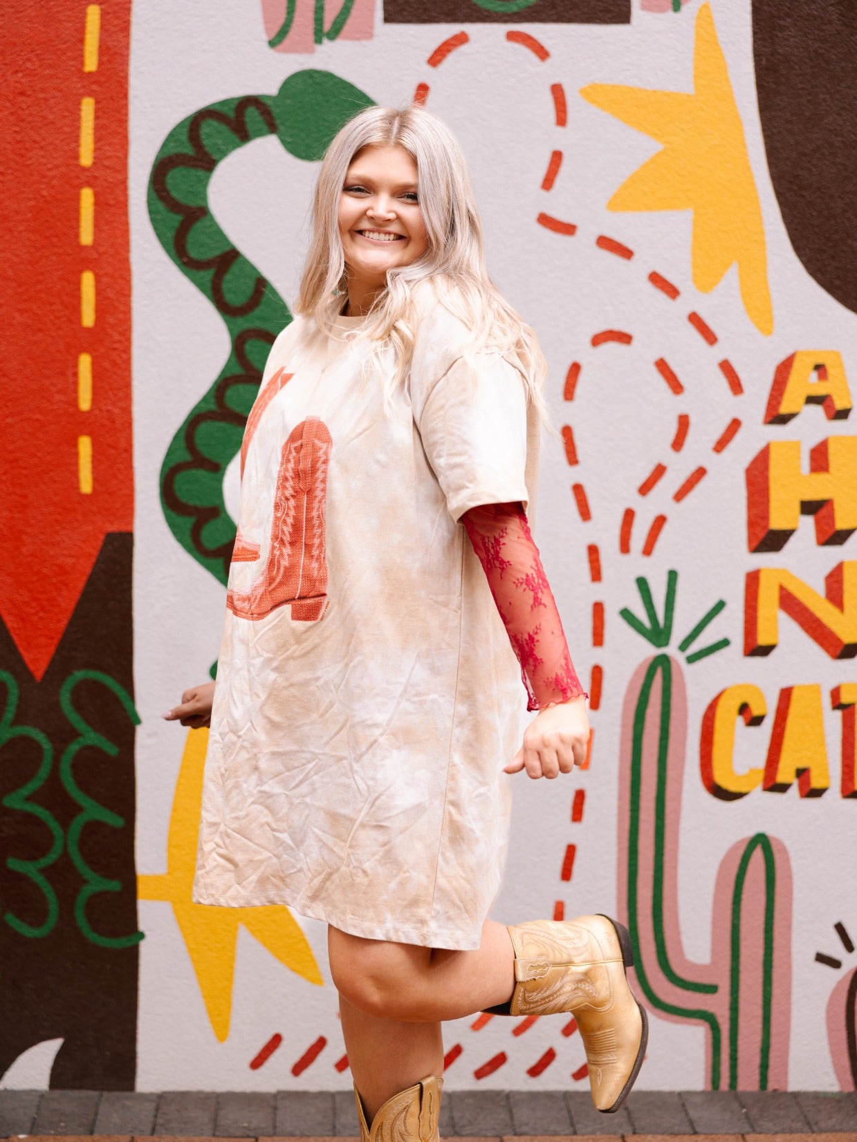Red Cowgirl Boots on Beige Tie Dye T-Shirt Dress - lifestyle photo