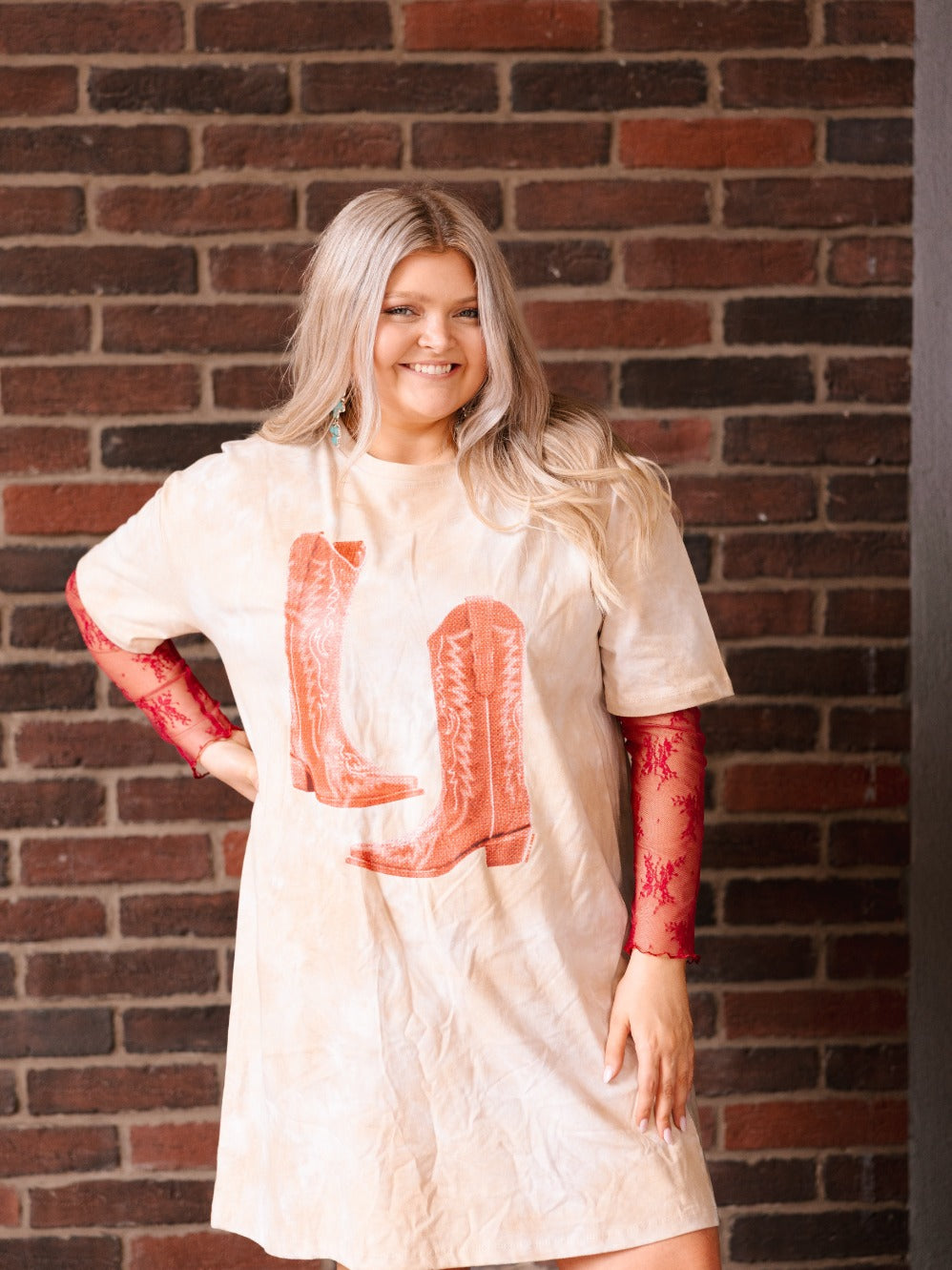 Red Cowgirl Boots on Beige Tie Dye T-Shirt Dress - back view