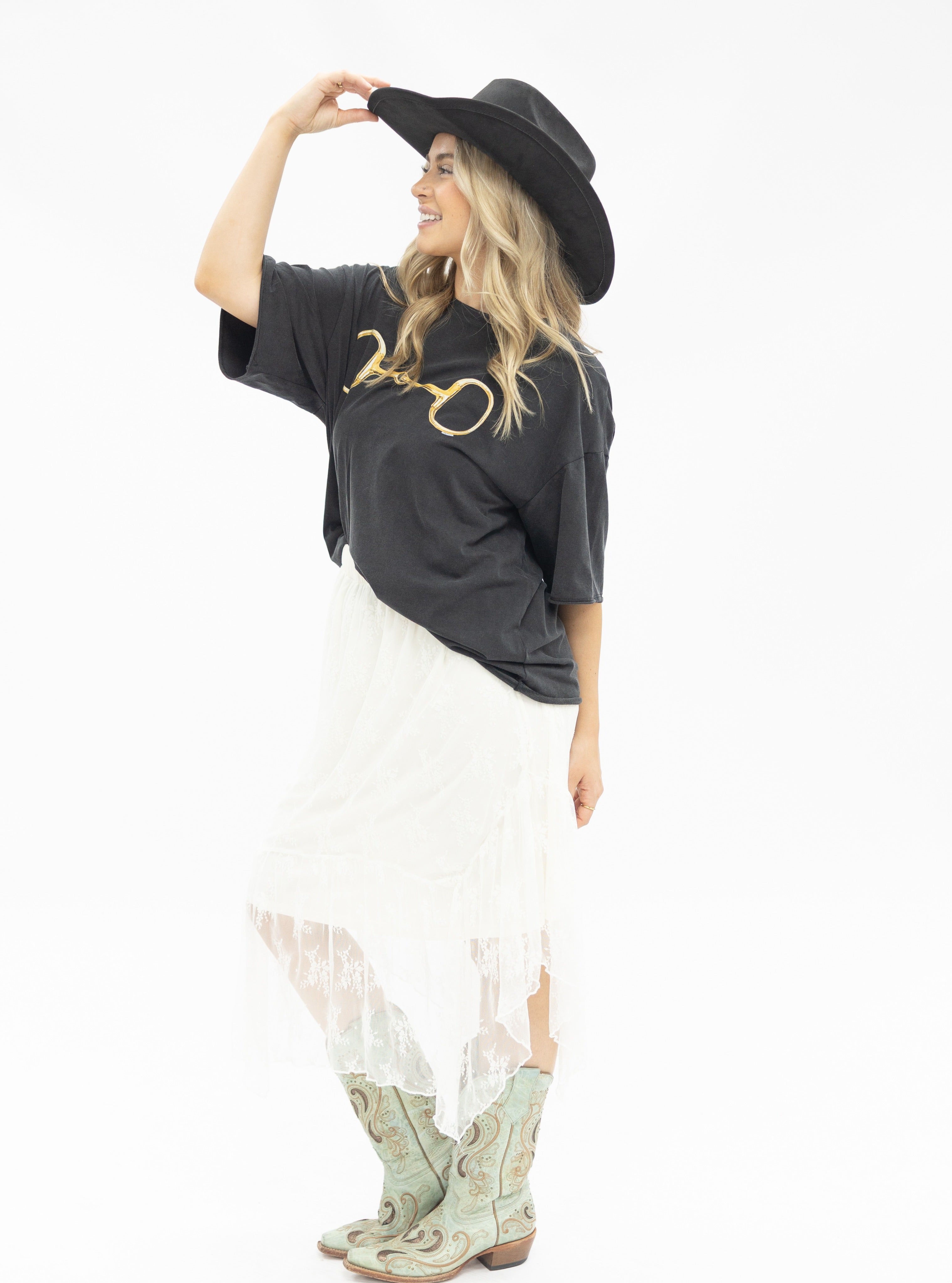 Gold Horse-Bit on Black Boxy Tee