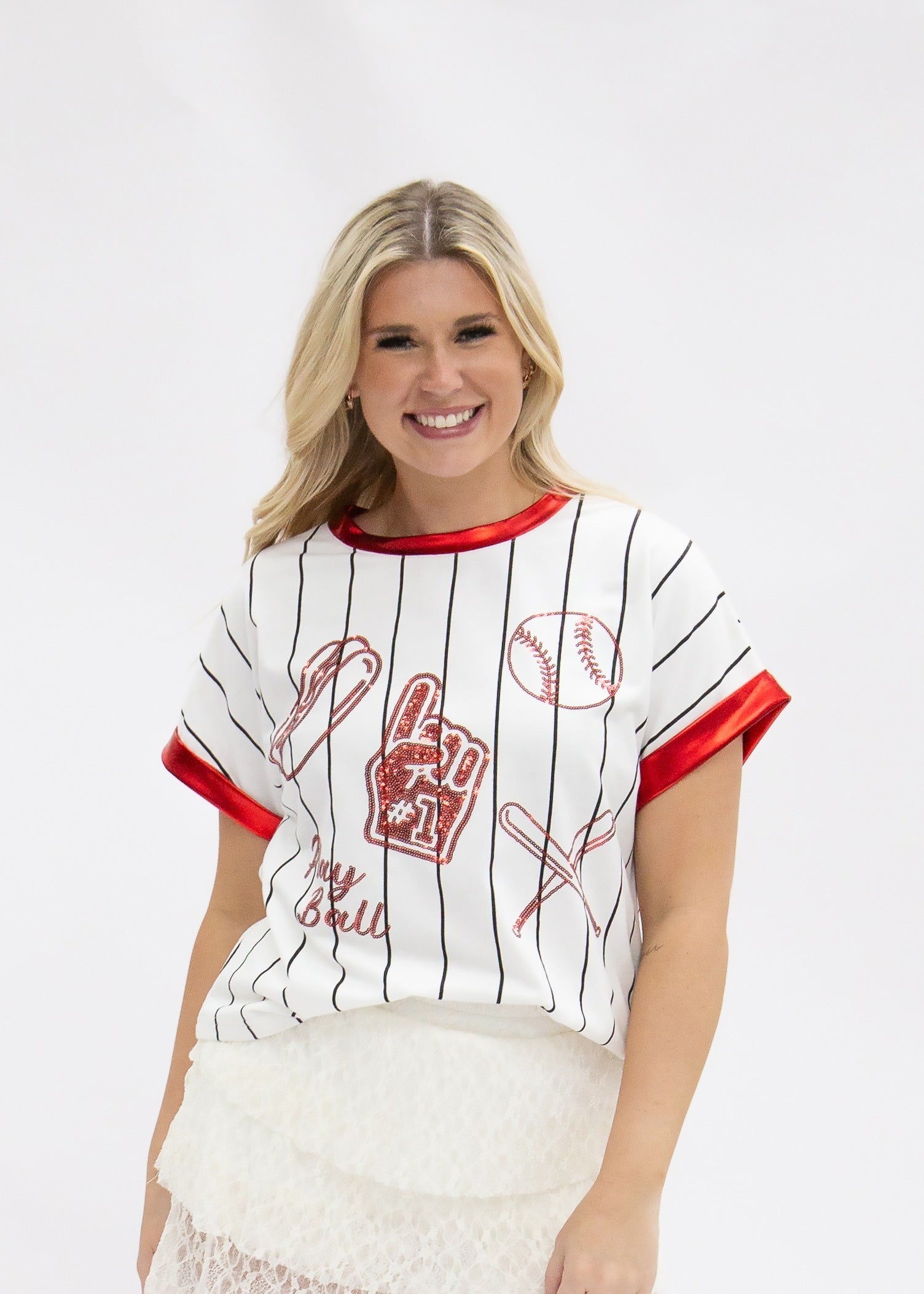 Baseball Glitter Elements on White Striped Top