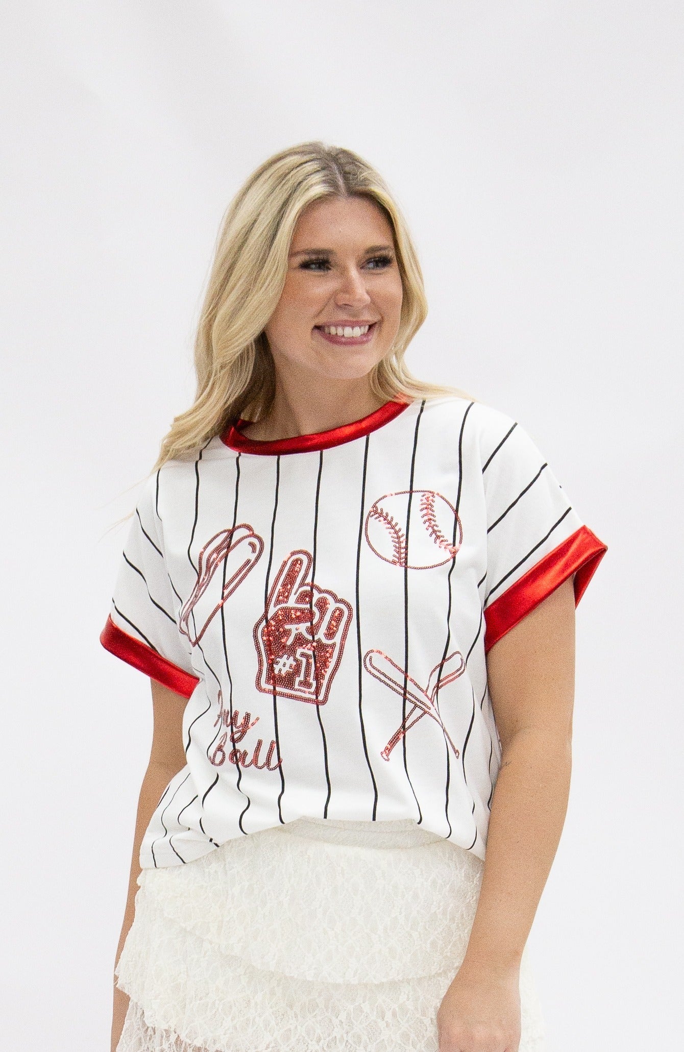 Baseball Glitter Elements on White Striped Top