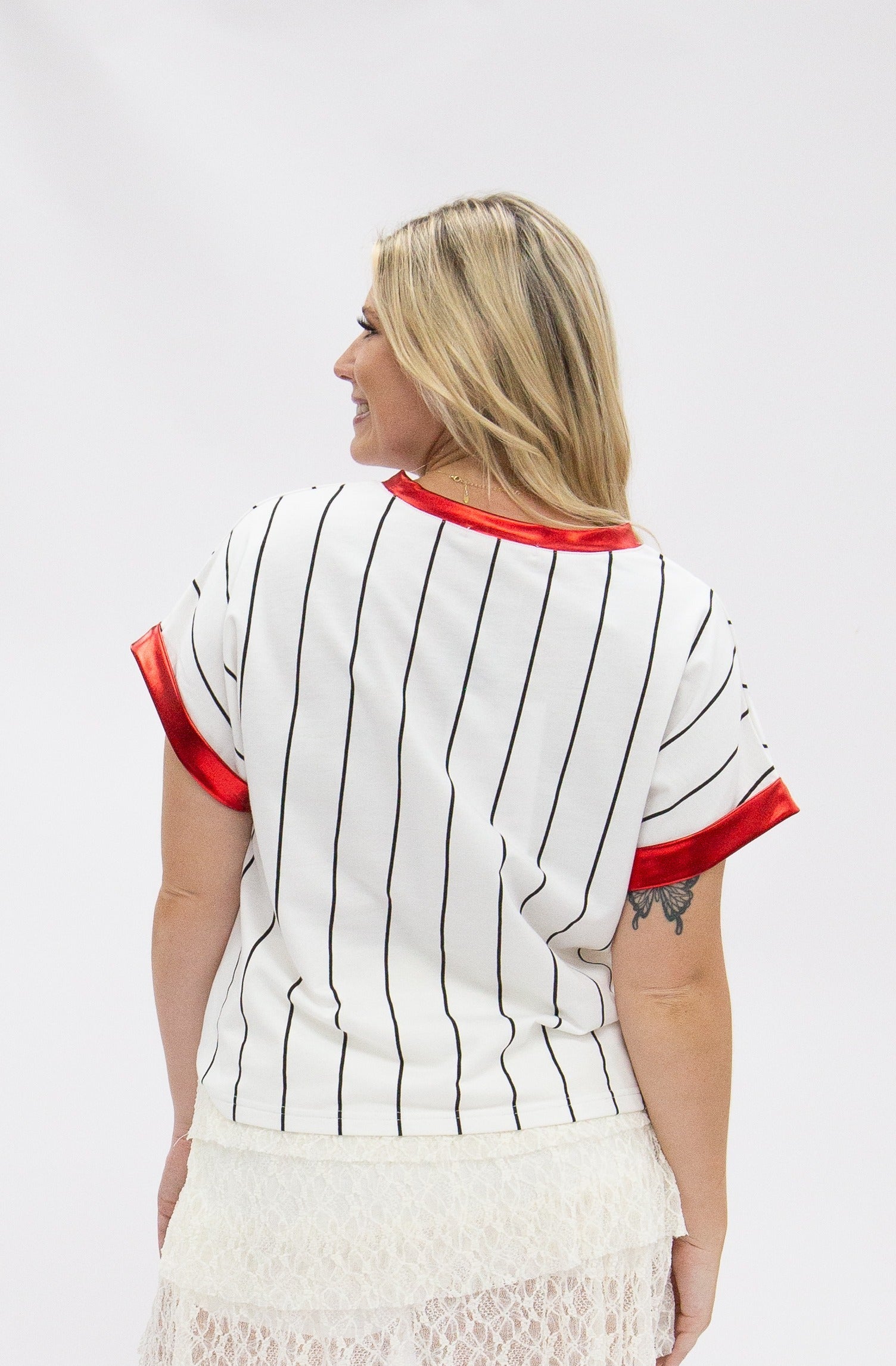 Baseball Glitter Elements on White Striped Top