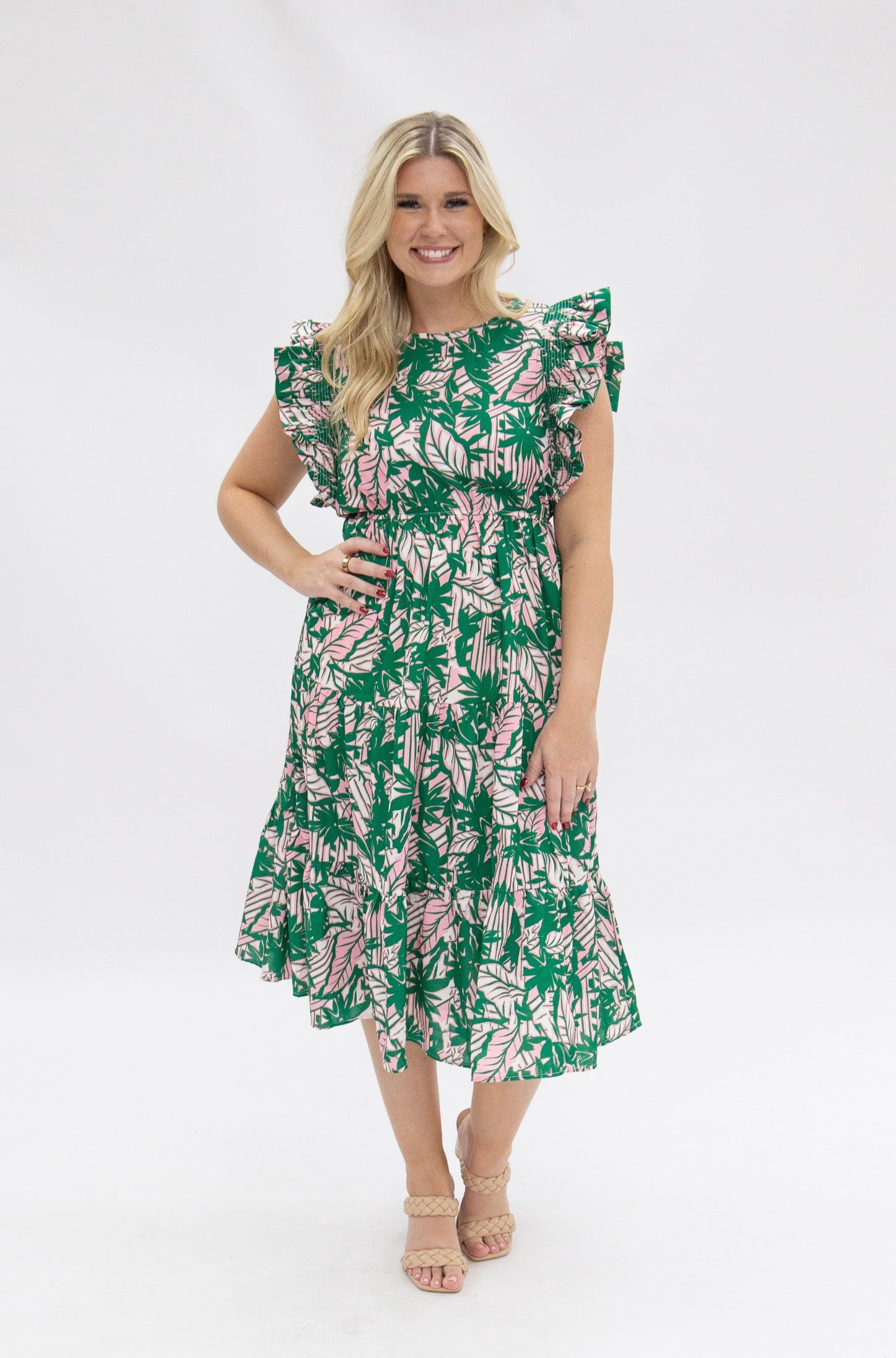 Pink & Green Floral Tiered Dress