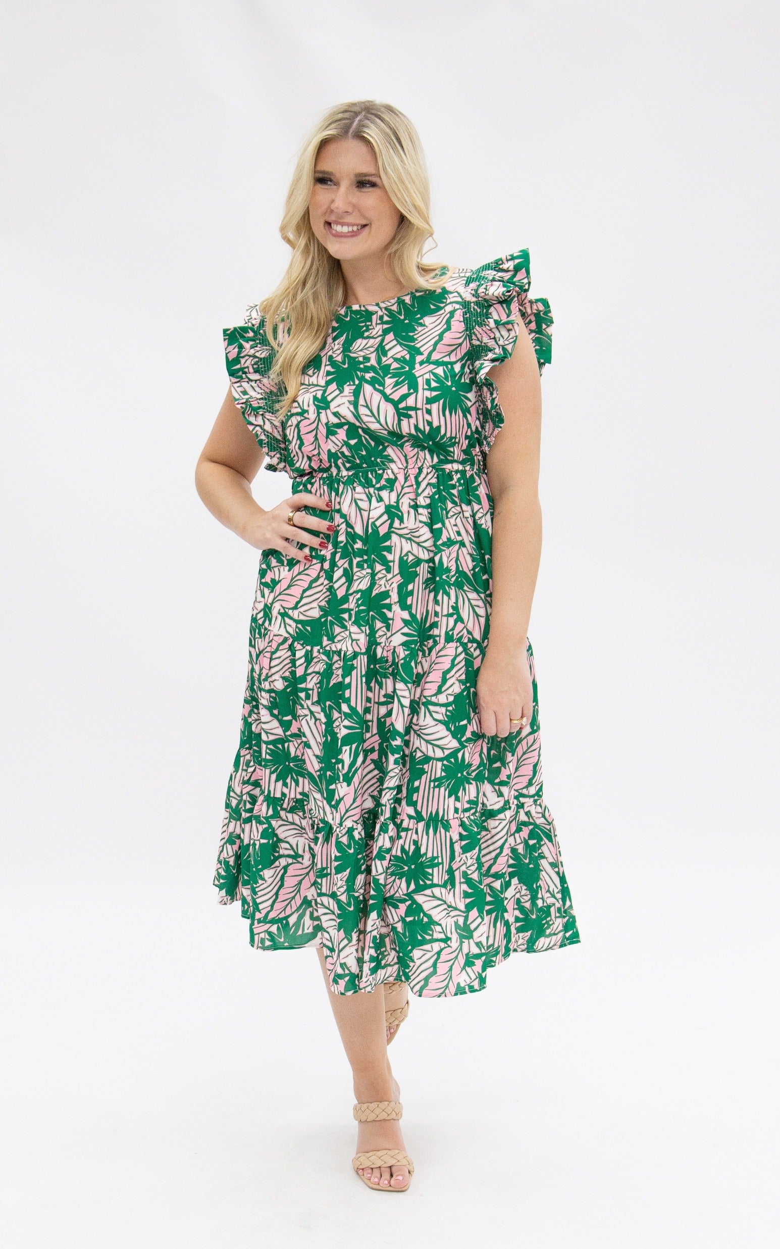 Pink & Green Floral Tiered Dress