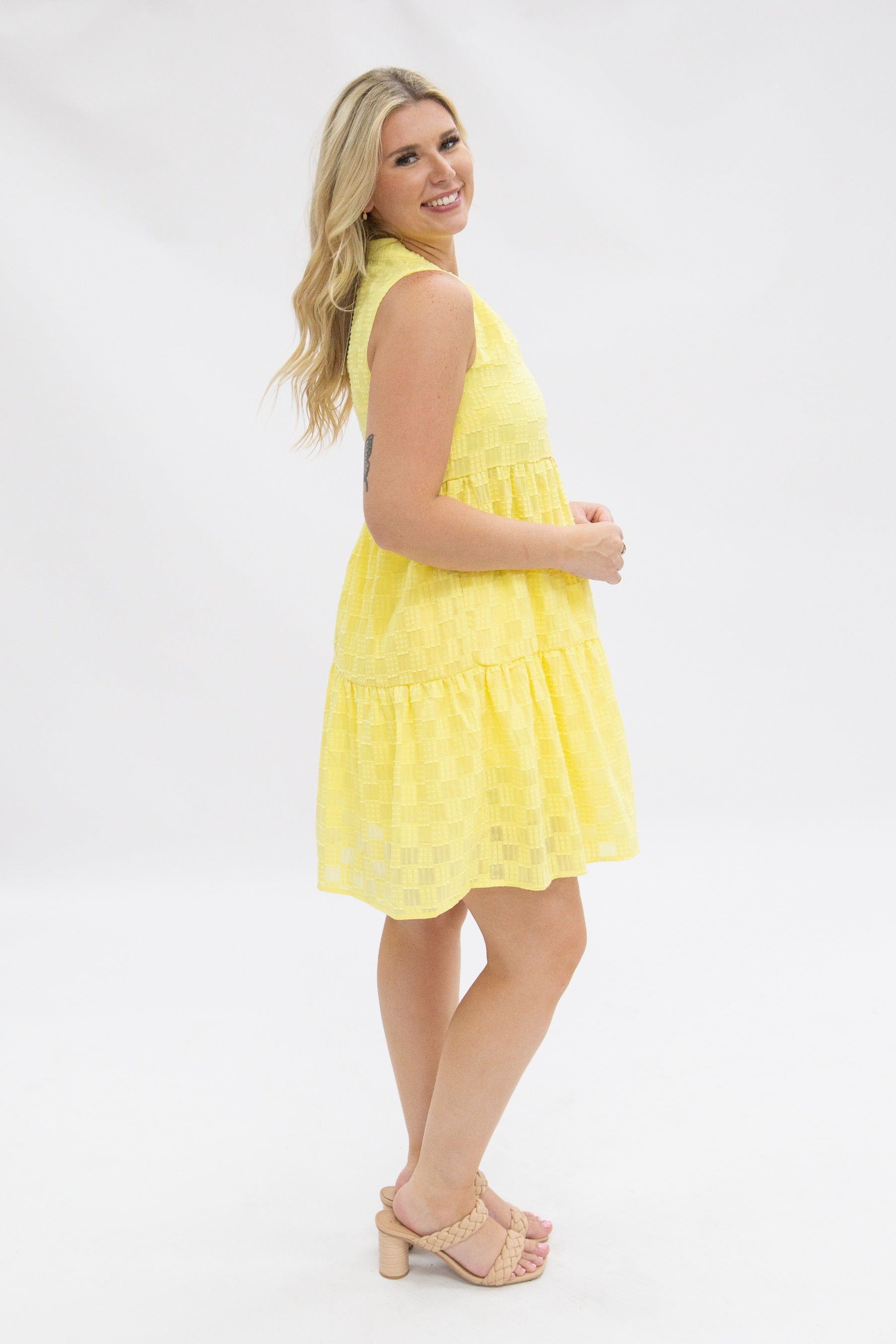 Sleeveless Tiered Dress, Yellow Checkered