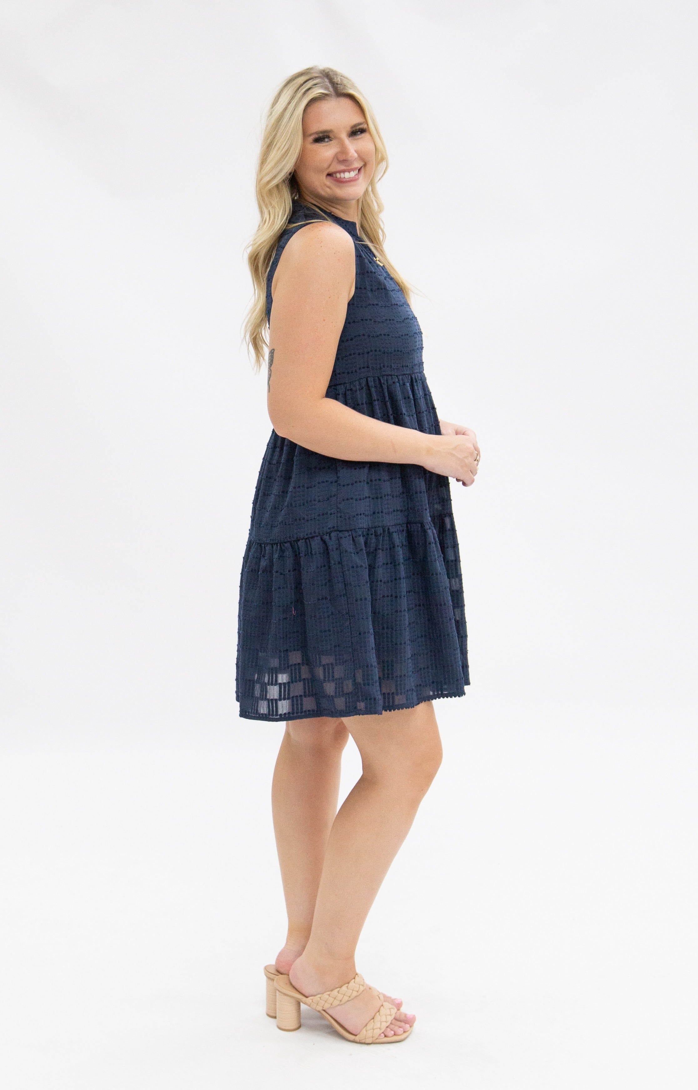 Sleeveless Tiered Dress, Navy Checkered