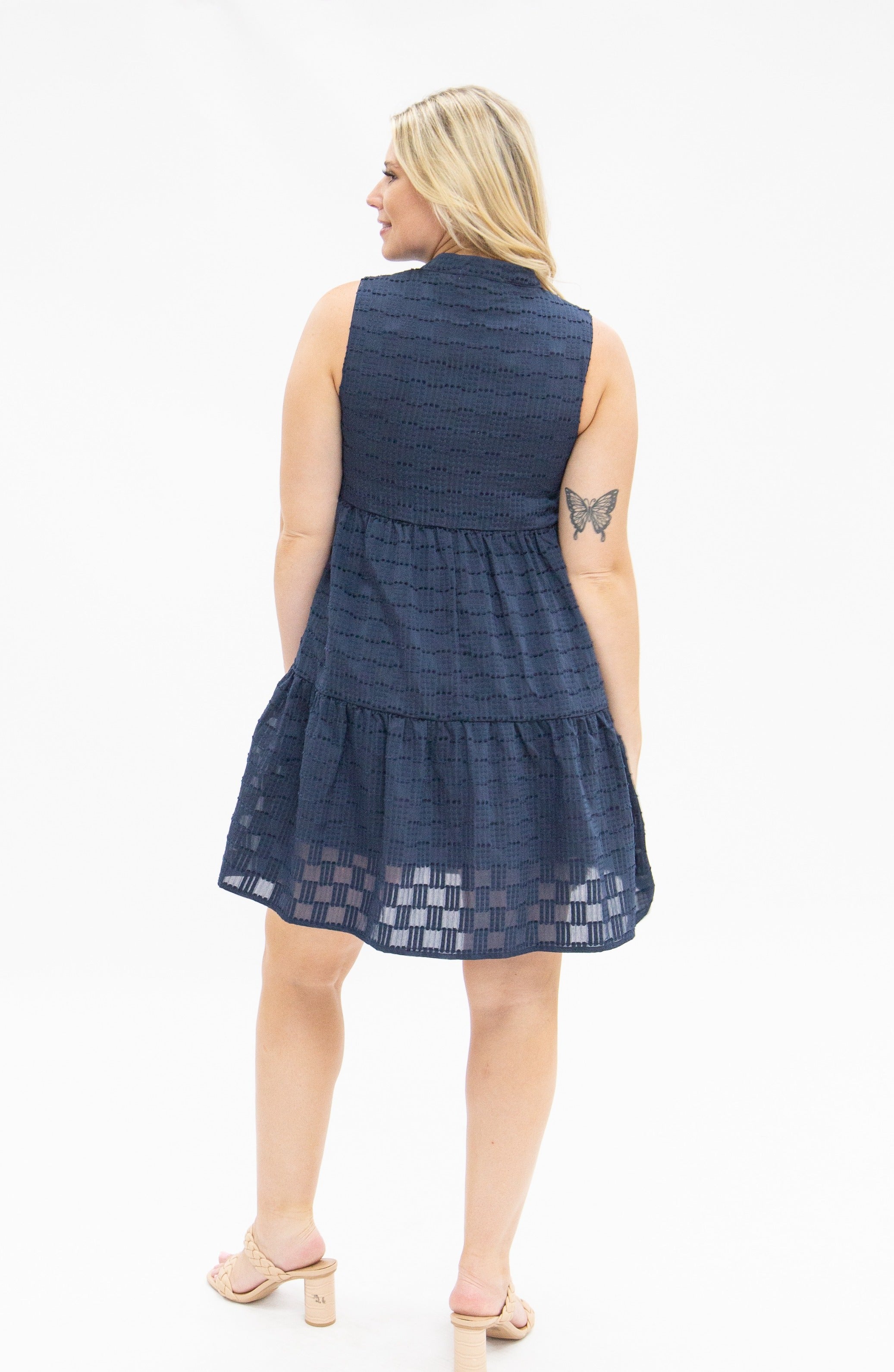 Sleeveless Tiered Dress, Navy Checkered