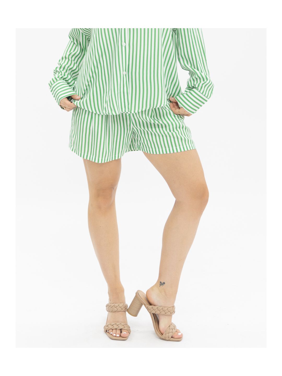 Trouser Shorts, Green Stripes