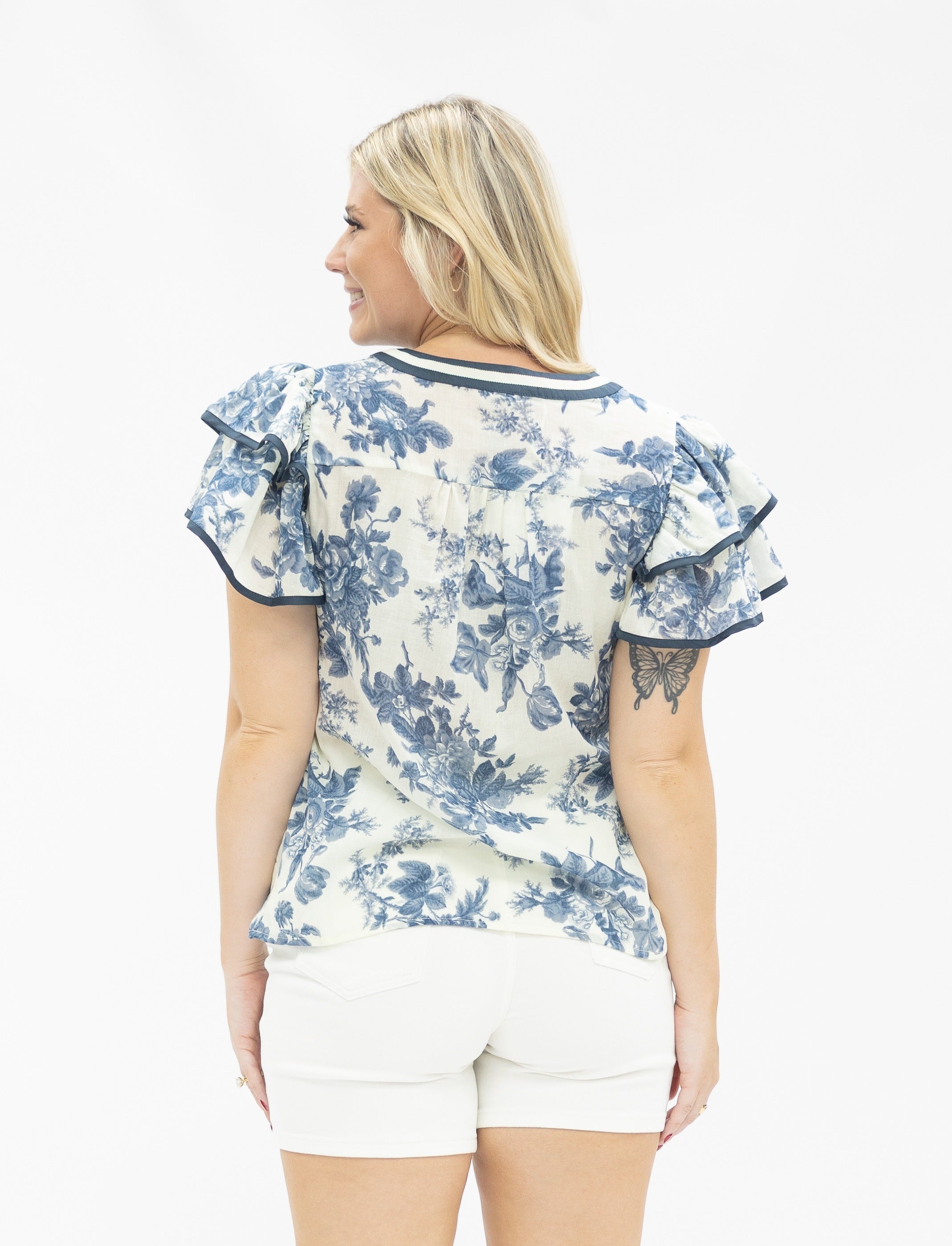 V-Neck Flutter Sleeve Top, Blue Floral