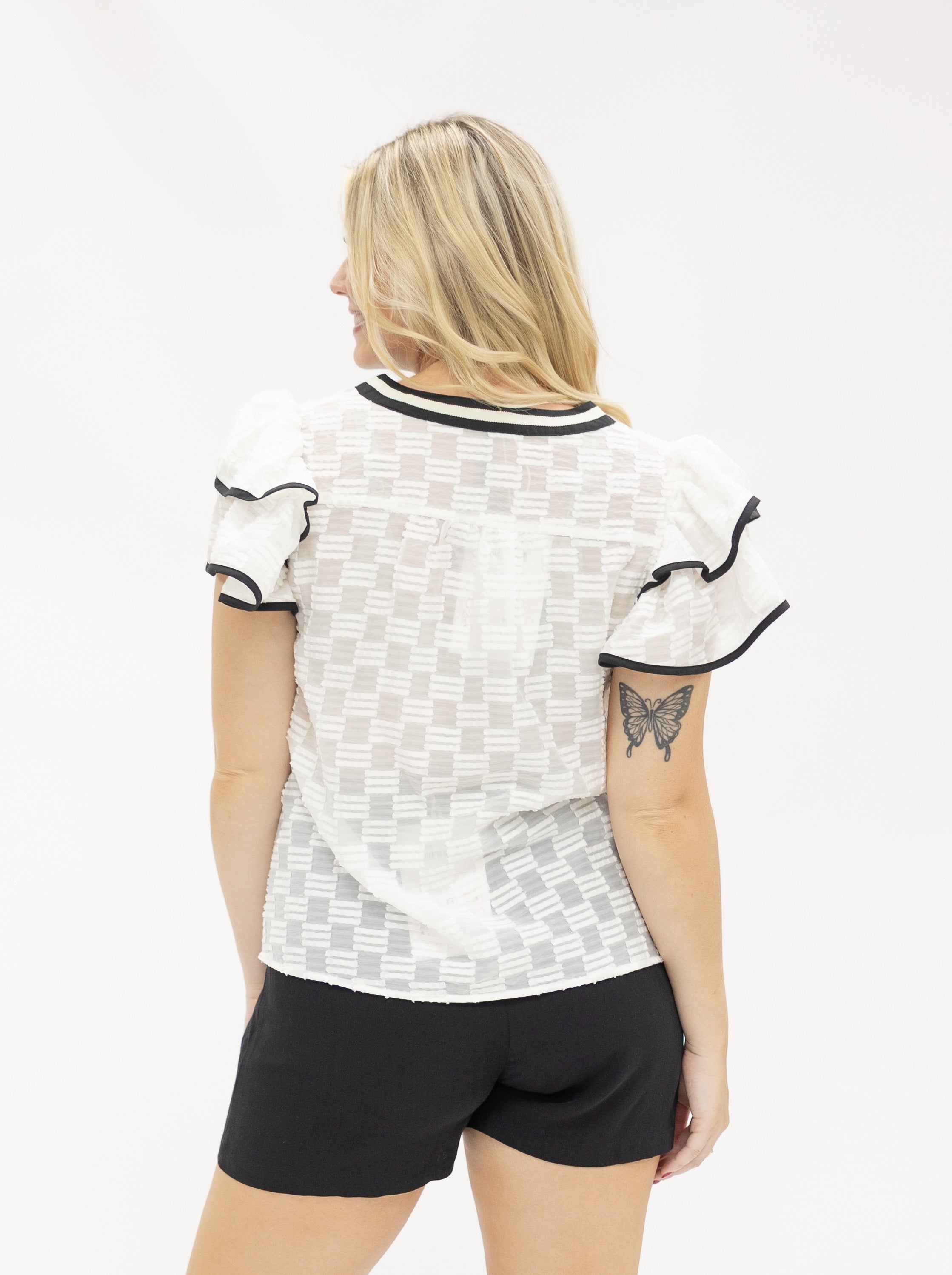 V-Neck Flutter Sleeve Top, White