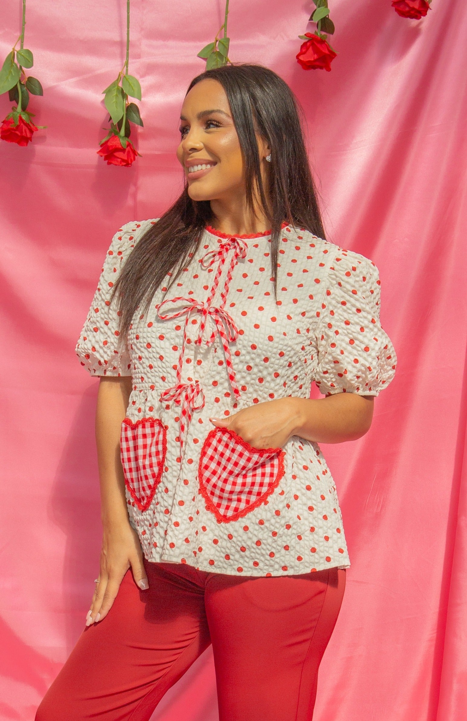 Polka-Dot Blouse with Bows, Red