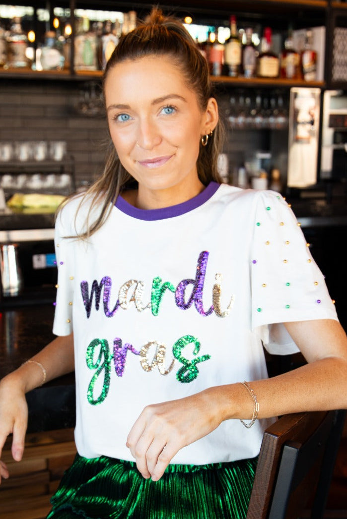 Sequin "Mardi Gras" on White Princess Top