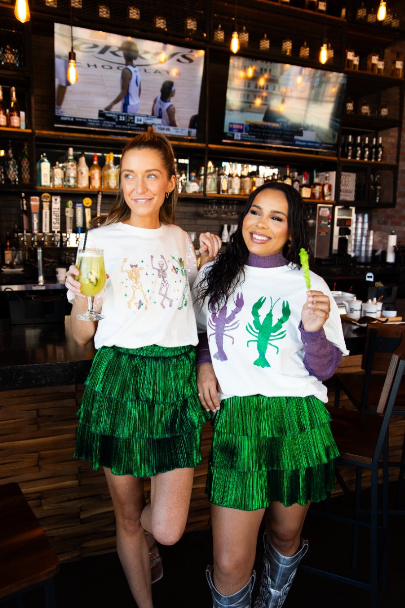 Dancing Mardi Gras Skeleton on Princess Top, White