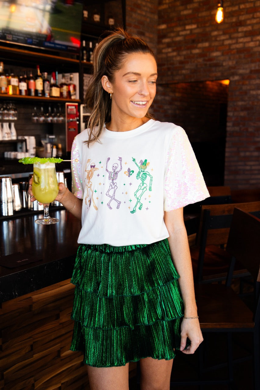 Dancing Mardi Gras Skeleton on Princess Top, White