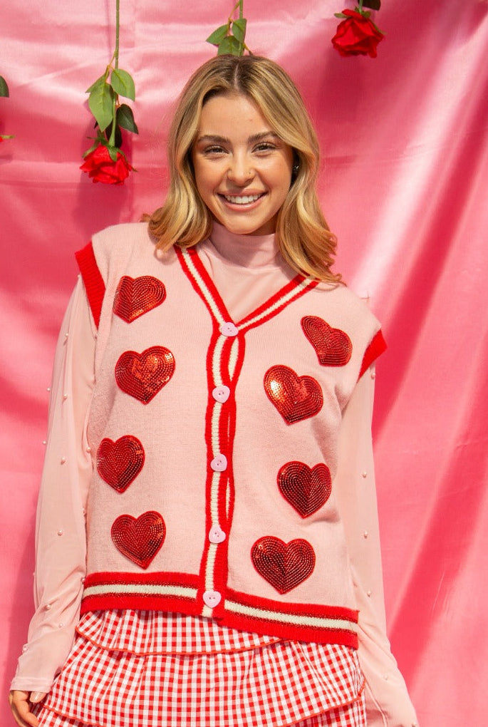 Sequin Hearts on Pink Sweater Vest