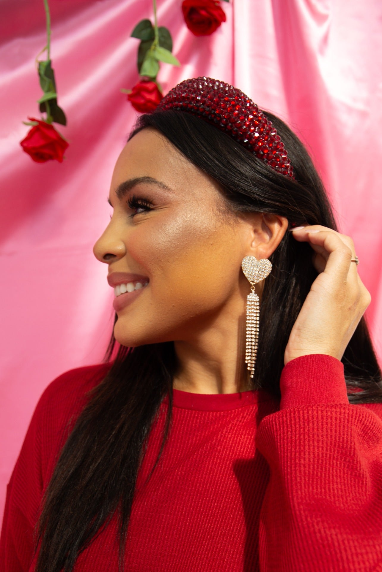 Chained To Your Love Heart Earring With Rhinestone Fringe in Silver