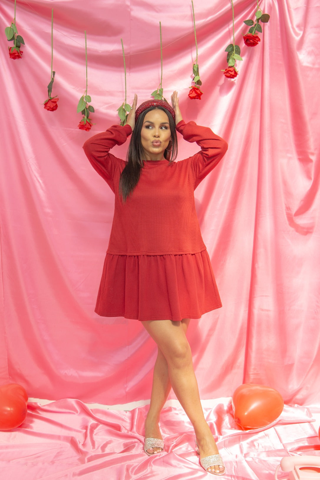 Waffle Knit Long-Sleeve Dress, Red Red / L