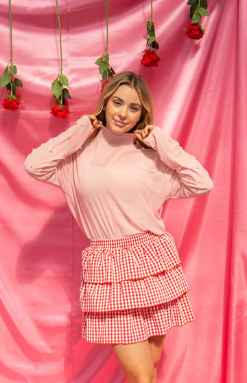 Mock Neck Mesh Top with Pearl Detail, Pink