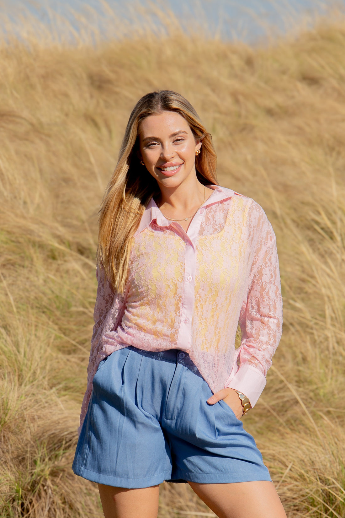 Kathryn Classic Button-Up, Light Pink Lace