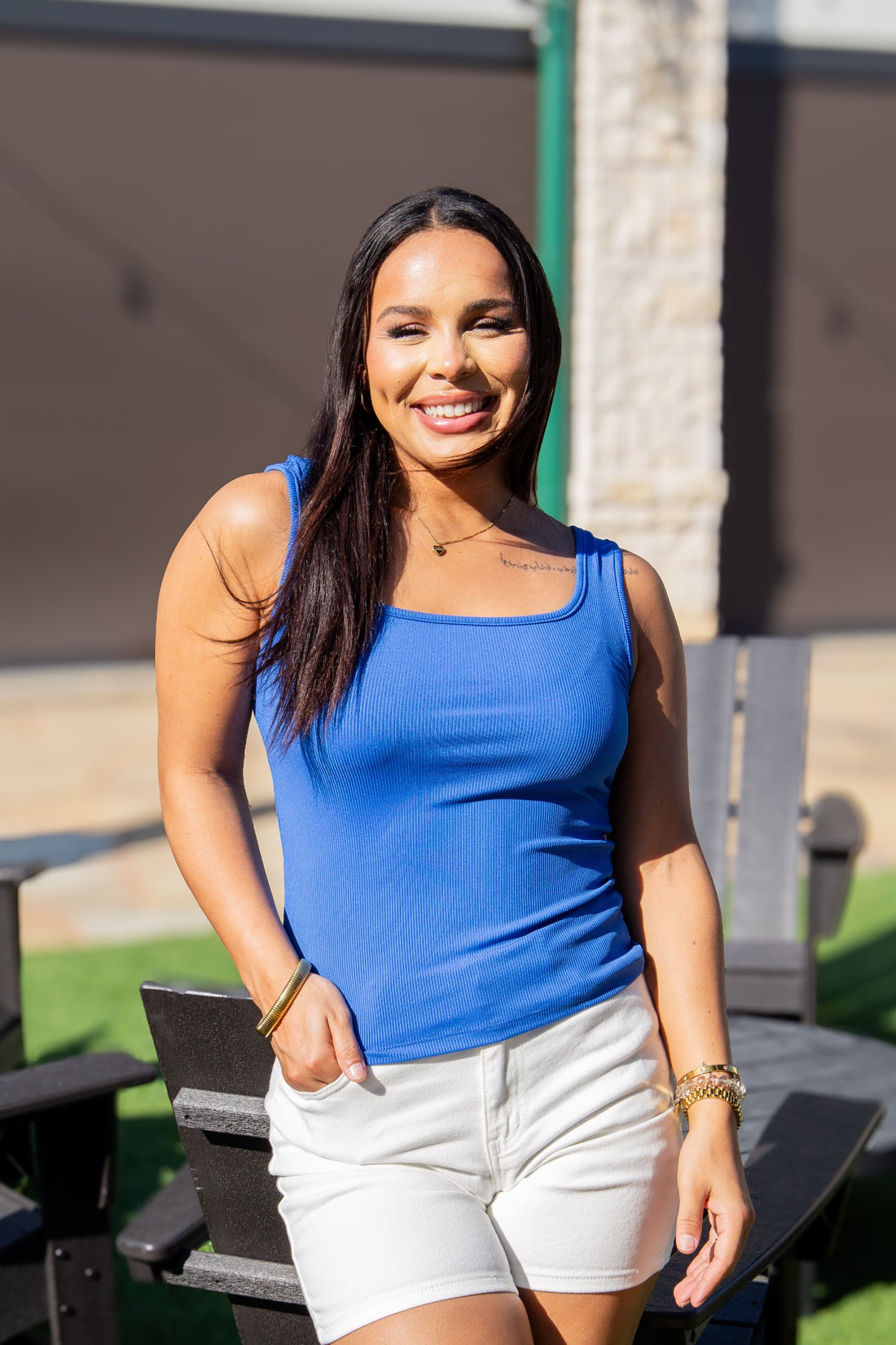 Bella Square Neck Rib Knit Tank Top, Neon Blue