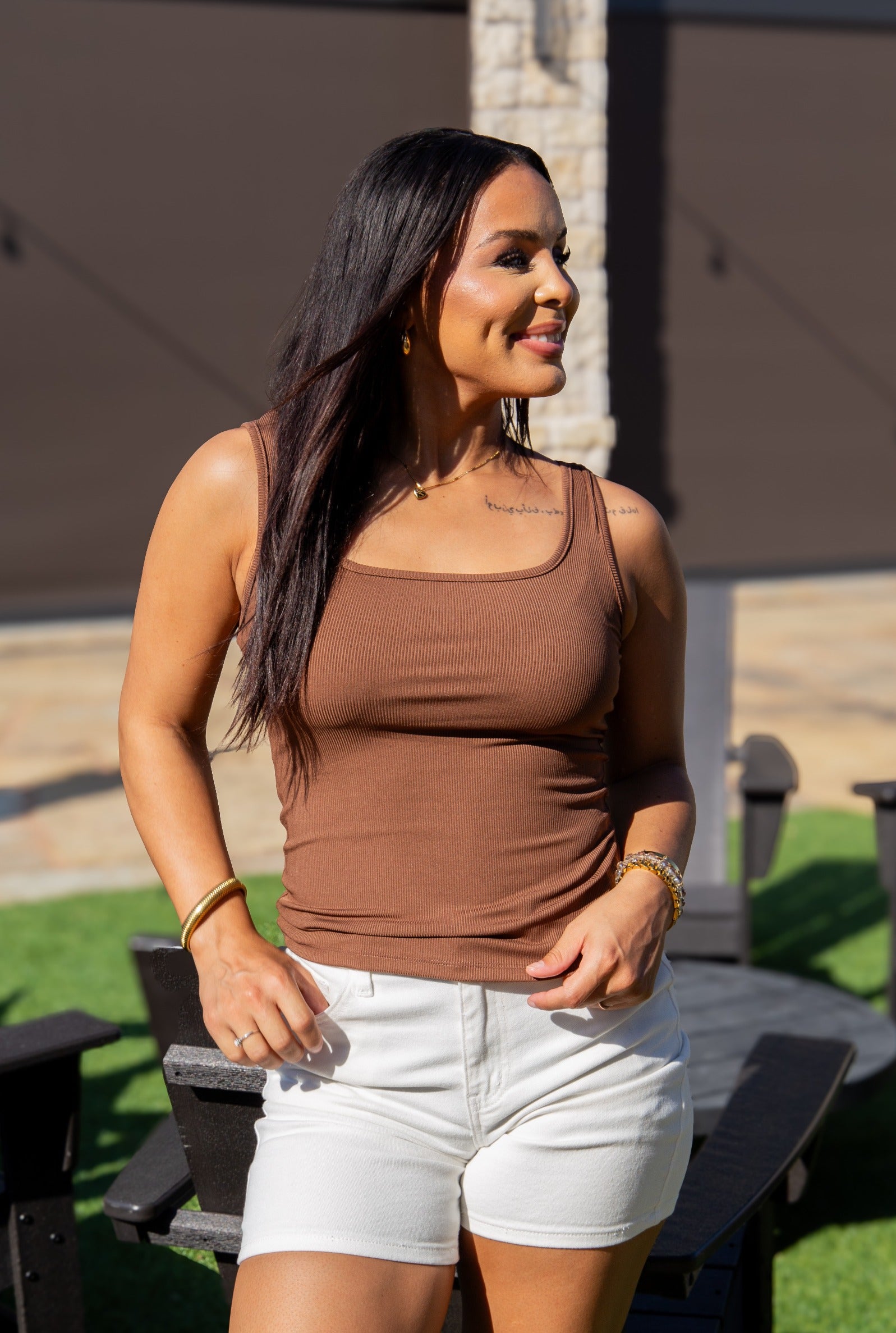 Bella Square Neck Rib Knit Tank Top, Tan
