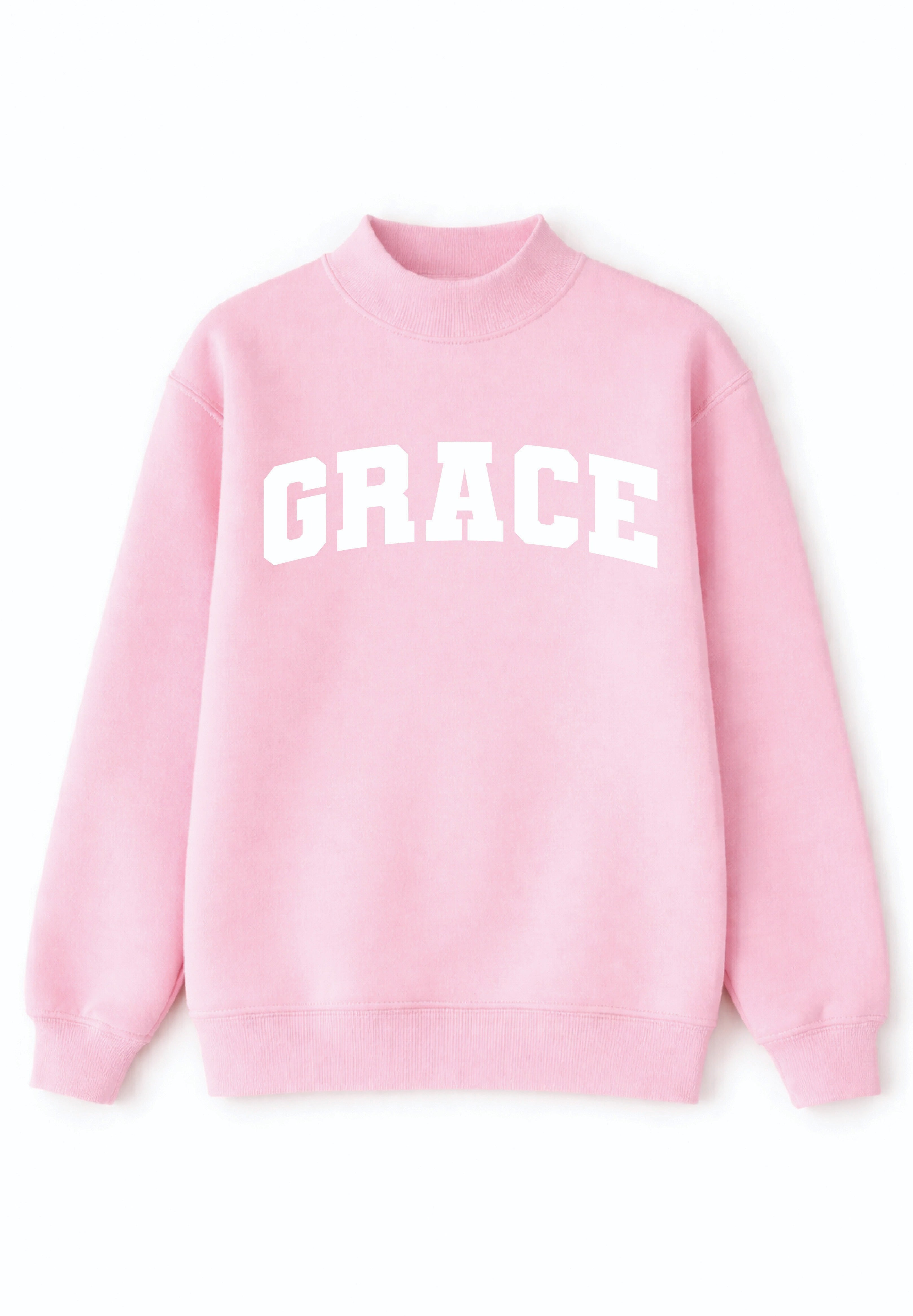 'Grace' on Mock Neck Sweatshirt, Light Pink
