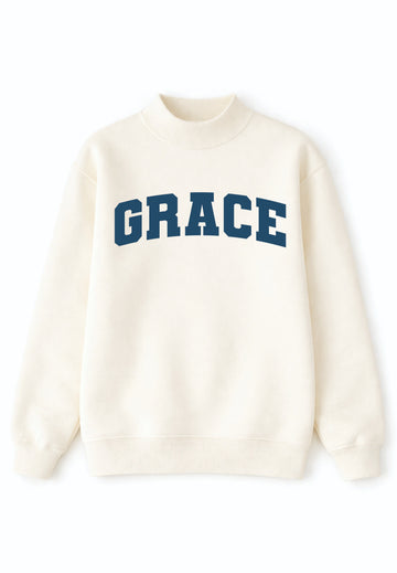 'Grace' on Mock Neck Sweatshirt, Ivory