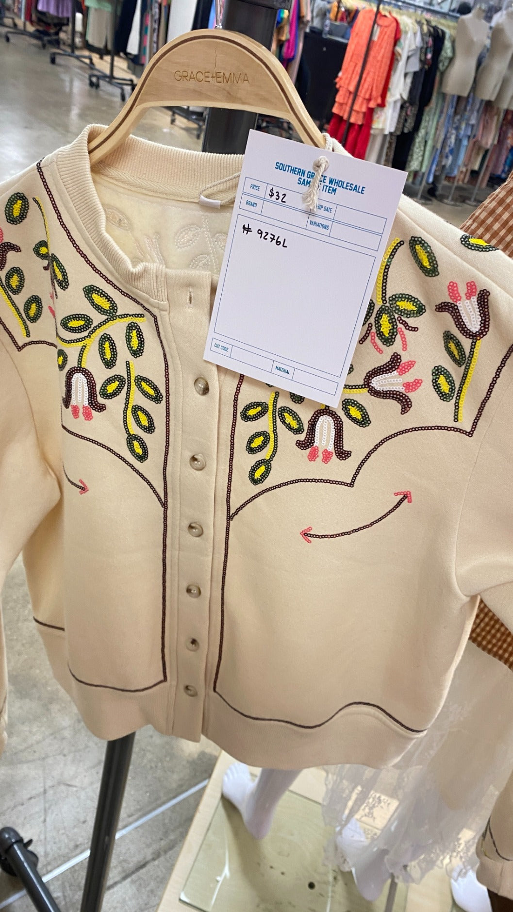 Beige Sweatshirt Cardigan with Sequin Western Yoke