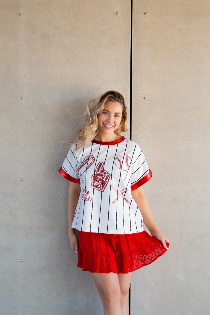 Basball Glitter Elements on White Striped Top