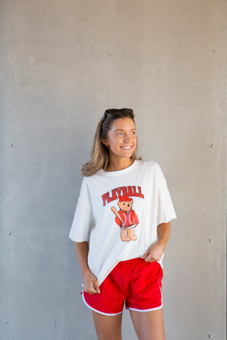 Playball on White Boxy Tee