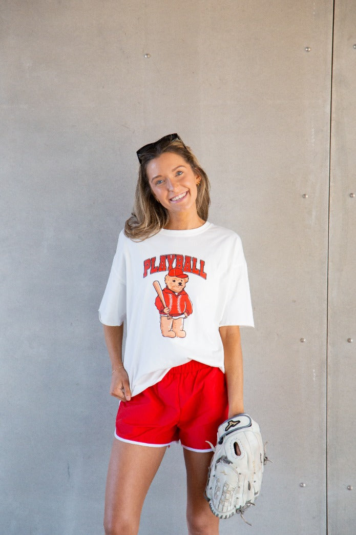 Playball on White Boxy Tee