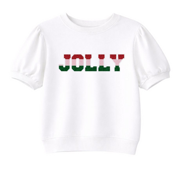 Glitter Jolly on White Puff Sleeve Top