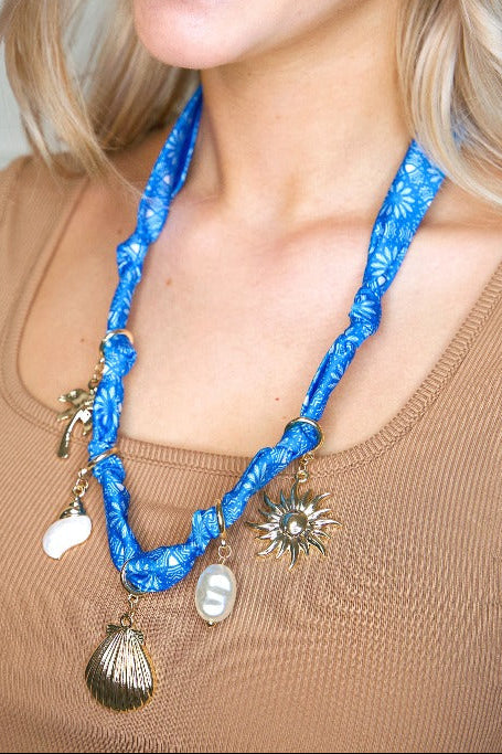 Blue Scarf Necklace with Beach Charms from the necklace collection