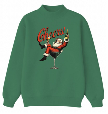 Cheers Santa on Mock Neck Sweatshirt, Forest Green