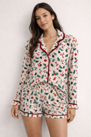 Adult PJ Set, Ivory Holly Print