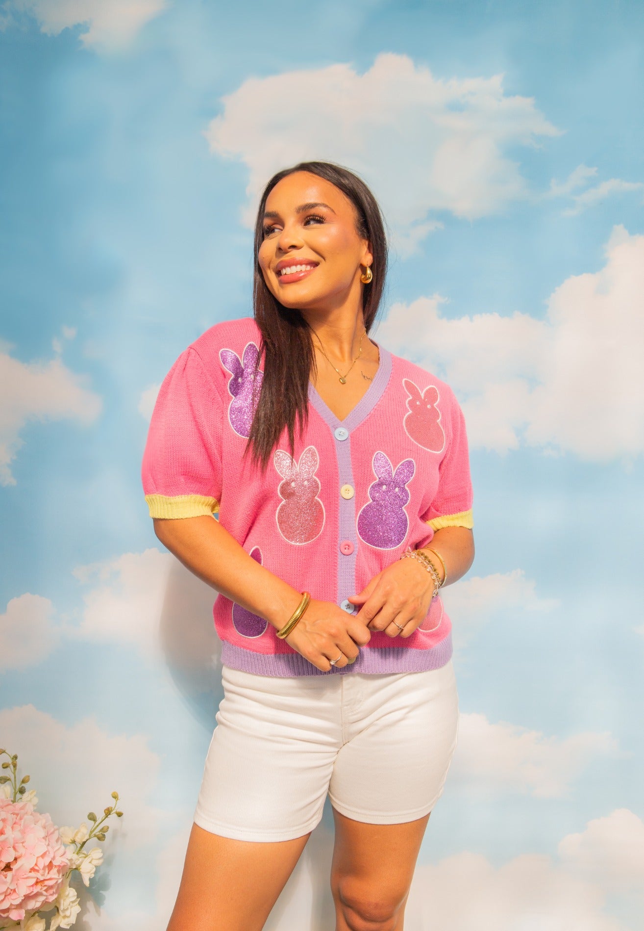 Puff Sleeve Cardigan Bunny Patches
