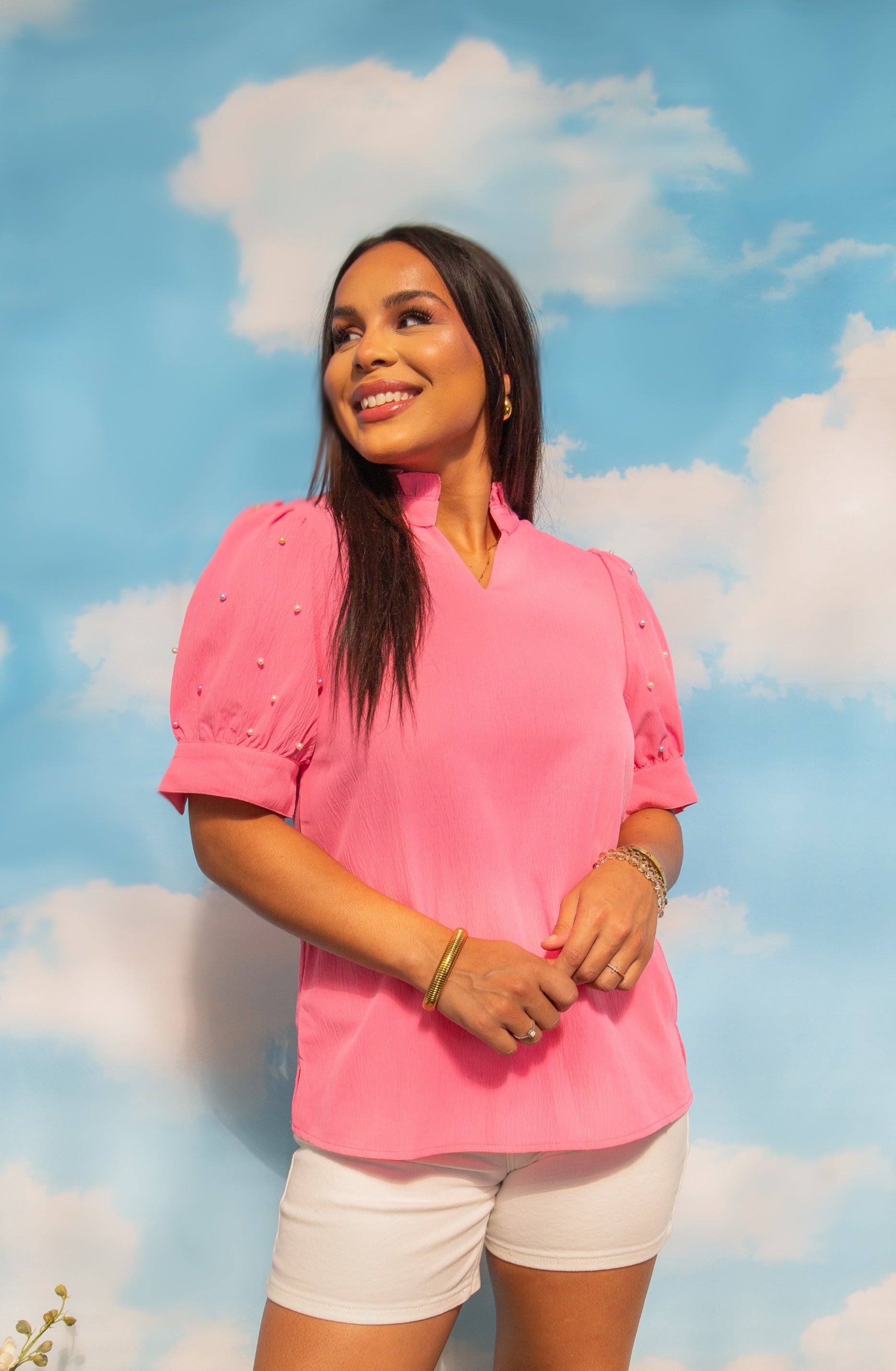 Pink Puff Sleeve Top With Pearl