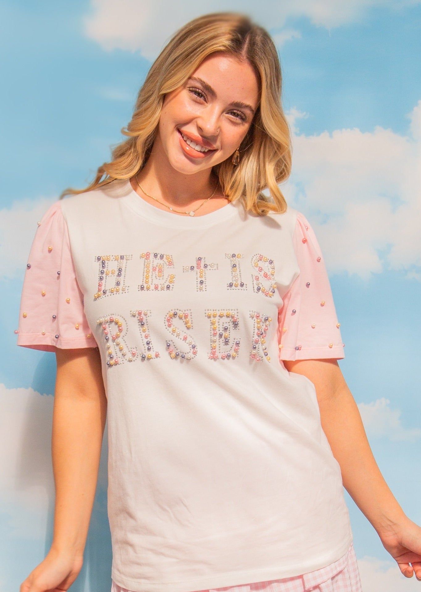Pearl "He is Risen" on White Princess Top