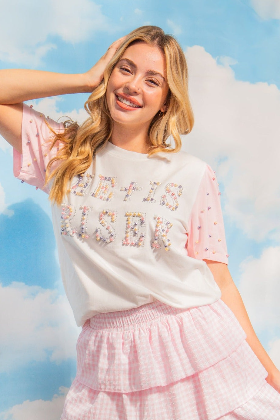 Pearl "He is Risen" on White Princess Top