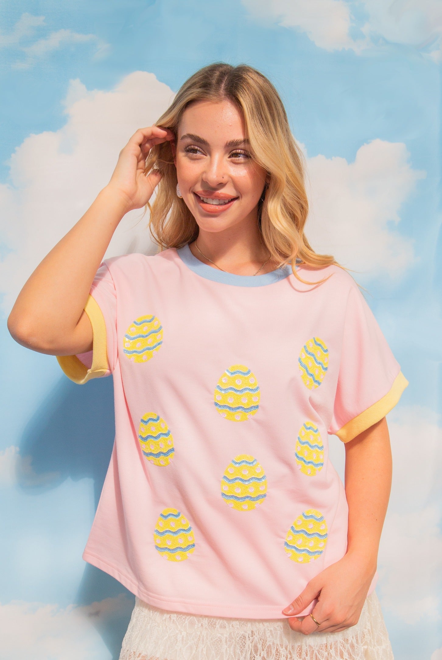 Sequin Easter Eggs on Pink Top